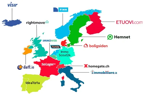 Kraje europejskie z logo wiodącego serwisu nieruchomości